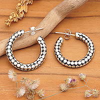 Sterling silver half-hoop earrings, 'Polka Dot Trends' - Polka Dot-Patterned Sterling Silver Half-Hoop Earrings