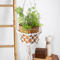 Macrame cotton flower pot hanger, 'Heaven Nature' - Handwoven Macrame White Cotton Flower Pot Hanger