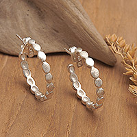 Sterling silver half-hoop earrings, 'Spotted Nimbus' - Polished Dot Sterling Silver Half-Hoop Earrings from Bali