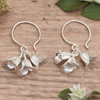 Sterling silver half-hoop earrings, 'Dangling Blossoms' - Floral Sterling Silver Half-Hoop Earrings from Bali