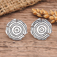 Sterling silver button earrings, 'Wooden Log' - Sterling Silver Button Earrings with Wooden Log Motif