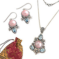 Curated gift set, 'Love Moon' - Silver Blue Topaz & Pearl Necklace Earrings Curated Gift Box