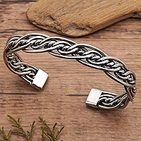 Sterling silver cuff bracelet, 'Deep Bonds' - Modern-Inspired Braided Sterling Silver Cuff Bracelet