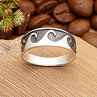 Men's sterling silver band ring, 'Warrior's Sea' - Men's Ocean-Themed Sterling Silver Band Ring from Bali