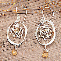 Citrine dangle earrings, 'Yellow Manipura Chakra' - Chakra-Themed Sterling Silver Dangle Earrings with Citrine