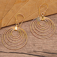 Gold-plated dangle earrings, 'Triumphant Orbits' - Abstract Round 18k Gold-Plated Brass Dangle Earrings