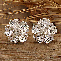 Sterling silver stud earrings, 'Snow Azalea' - Textured Sterling Silver Snow Azalea Flower Stud Earrings