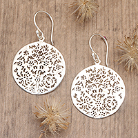 Sterling silver dangle earrings, 'Blooming Summer' - Floral and Leafy Round Sterling Silver Dangle Earrings