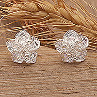 Sterling silver stud earrings, 'Blooming Azalea' - Textured Azalea Flower Sterling Silver Stud Earrings