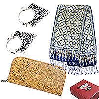 Curated gift set, 'Classic Style' - Silk Scarf Silver Earrings & Leather Wallet Curated Gift Set