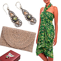 Curated gift set, 'Beach Party' - Curated Gift Set with Batik Sarong Peridot Earrings & Clutch