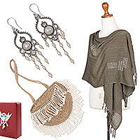 Curated gift set, 'Boho Vibes' - Bohemian Curated Gift Set with Shawl Earrings and Bag