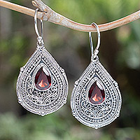 Garnet dangle earrings, 'Princess Palace in Red' - Teardrop Sterling Silver Dangle Earrings with Garnet Stone