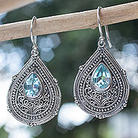 Blue topaz dangle earrings, 'Princess Palace in Blue' - Teardrop Sterling Silver Dangle Earrings with Blue Topaz
