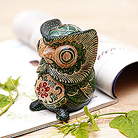 Wood figurine, 'Midnight Owlet' - Batik Floral Owlet-Shaped Green Pule Wood Figurine