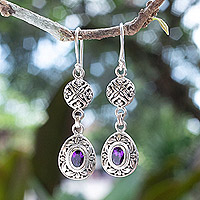 Amethyst dangle earrings, 'Wise Summer' - Sterling Silver Amethyst Dangle Earrings with Leaf Motifs