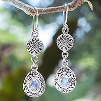 Rainbow moonstone dangle earrings, 'Harmonious Summer' - Leafy Sterling Silver Rainbow Moonstone Dangle Earrings