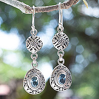 Blue topaz dangle earrings, 'Loyal Summer' - Sterling Silver Blue Topaz Dangle Earrings with Leaf Motifs