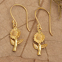 Gold-plated dangle earrings, 'Golden Adoration' - Polished 18k Gold-Plated Sunflower Dangle Earrings