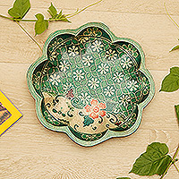 Wood decorative plate, 'Jasmine Spring' - Batik Floral Green and Red Pule Wood Decorative Plate
