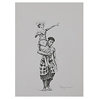 'Sanghyang Dance' - Traditional Impressionist Ink on Paper Drawing from Bali