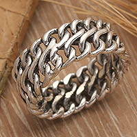 Sterling silver band ring, 'Threads of Magnificence' - High-Polished Modern Sterling Silver Band Ring from Bali