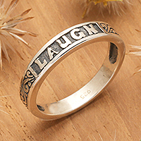 Sterling silver band ring, 'Laugh' - Inspirational Sterling Silver Band Ring with Darkened Accent