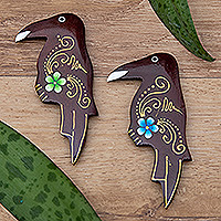 Wood magnets, 'Paradisial Starlings' (set of 2) - Set of 2 Painted Floral Starling Bird-Shaped Wood Magnets