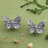 Sterling silver button earrings, 'Butterfly in Forest' - Oxidized Butterfly-Shaped Sterling Silver Button Earrings