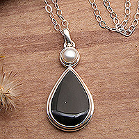 Onyx and cultured pearl pendant necklace, 'Light and Dark Drop' - Sterling Silver Pendant Necklace with Onyx & Cultured Pearl