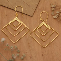 Gold-plated dangle earrings, 'Victorious Orbits' - Diamond-Shaped 18k Gold-Plated Brass Dangle Earrings