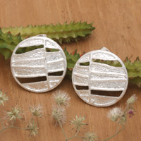 Sterling silver button earrings, 'Magical Circles' - Modern Textured Circular Sterling Silver Button Earrings
