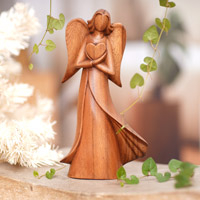 Wood sculpture, 'Loving Archangel' - Angel and Heart-Themed Suar Wood Sculpture from Bali