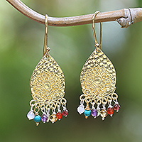 Gold-plated multi-gemstone chandelier earrings, 'Vibrant Chakra' - Gold-Plated Multi-Gemstone Lotus-Themed Chandelier Earrings