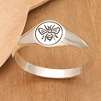 Sterling silver signet ring, 'Bee Life' - Bee-Themed Sterling Silver Signet Ring with Polished Finish