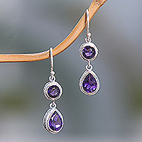 Amethyst dangle earrings, 'Splendid Purple' - 925 Silver Dangle Earrings with Round & Pear Amethyst Stones