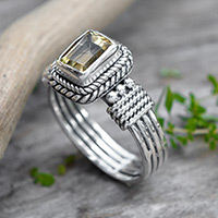Citrine single stone ring, 'Summer Dame' - Textured Sterling Silver Citrine Single Stone Ring from Bali