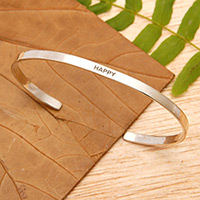 Sterling silver cuff bracelet, 'Your Happiness' - Polished Minimalist Sterling Silver Happy Cuff Bracelet