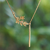 Gold-plated pendant Y necklace, 'Leaf of Fortune' - Nature-Themed 22k Gold-Plated Pendant Y Necklace from Bali