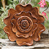 Wood relief panel, 'Rafflesia Radiance' - Balinese Hand-Carved Wood Wall Rafflesia Flower Relief Panel