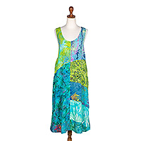 Batik rayon summer dress, 'Green Patchwork Dreams' - Patchwork Batik Rayon Tank Tunic Dress with Leaf Motifs