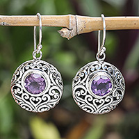 Amethyst dangle earrings, 'Vibrant Blooms' - Sterling Silver Dangle Earrings with Amethyst & Vine Accents