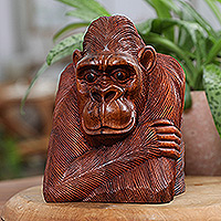 Wood sculpture, 'Thoughtful Orangutan' - Hand-Carved Suar Wood Sculpture of Meditative Orangutan