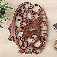 Wood relief panel, 'Regal Dragon' - Hand-Carved Classic Suar Wood Moon and Dragon Relief Panel