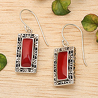 Sterling silver and resin dangle earrings, 'Romantic Mirror' - Floral Sterling Silver and Red Resin Dangle Earrings