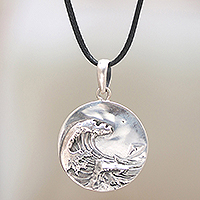Men's sterling silver pendant necklace, 'Mighty Wave' - Men's Sterling Silver Breaking Wave-Themed Pendant Necklace