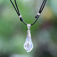 Blown glass pendant necklace, 'Sparkling Lily' - Sterling Silver Necklace with Blown Glass Lily Pendant