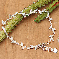Sterling silver charm link bracelet, 'Roots of Immortality' - High-Polished Leafy Sterling Silver Charm Link Bracelet