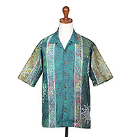 Men's batik cotton shirt, 'Vibrant Chakra' - Men's Short-Sleeved Chakra-Themed Batik Cotton Button Shirt