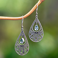 Blue topaz dangle earrings, 'Swinging Moon' - Sterling Silver Swinging Blue Topaz Stones Dangle Earrings